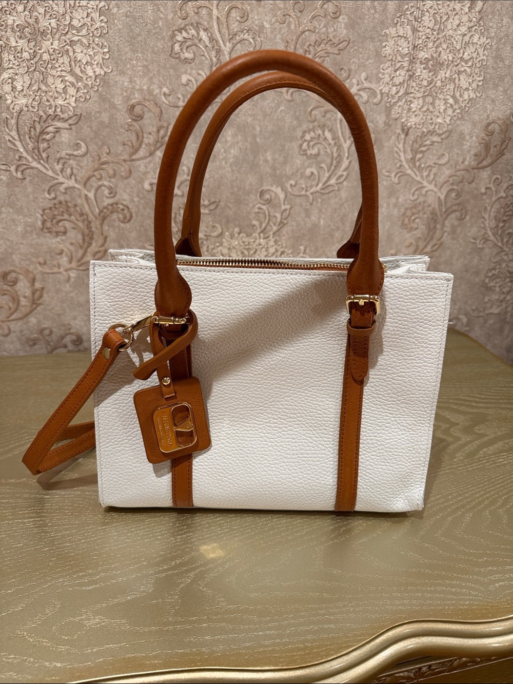 White and Tan Structured Tote Handbag